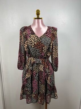 Sienna Sky Floral Mini Dress Long Sleeve Ruffle Hem Tie Waist Boho Size S